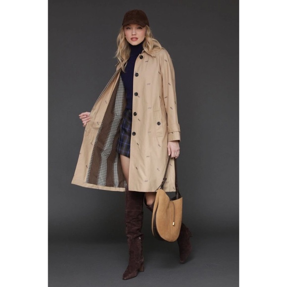 AVEC LES FILLES Cotton Blend Embroidered Equine Horses Trench Coat - Picture 1 of 7